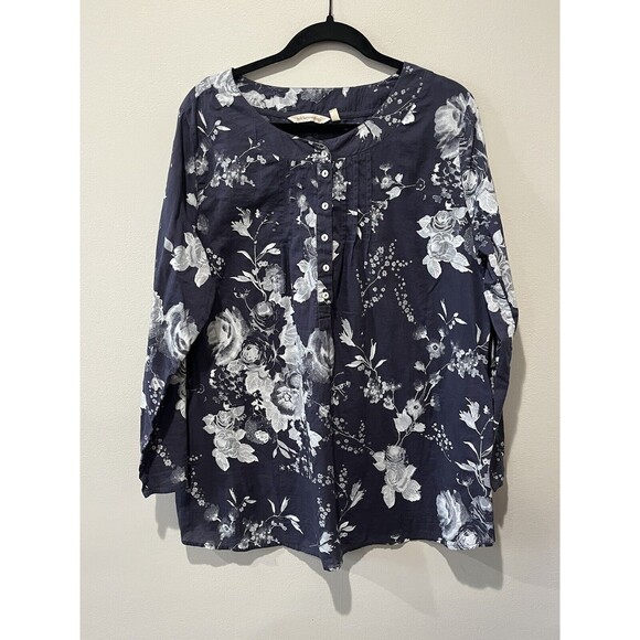 Soft Surroundings Tops - Soft Surroundings Blouse Women’s XL Petite Blue Floral Cotton Tunic Long Sleeve